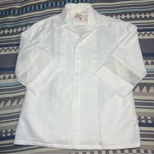 Beau Tiki Vtg Iolani Hawaiian Ivory traditional wedding shirt Large Lace Aloha